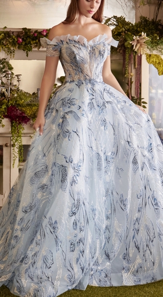 COPY - COPY - Blue glitter pattern off shoulder formal evening ball gown - Picture 1 of 8